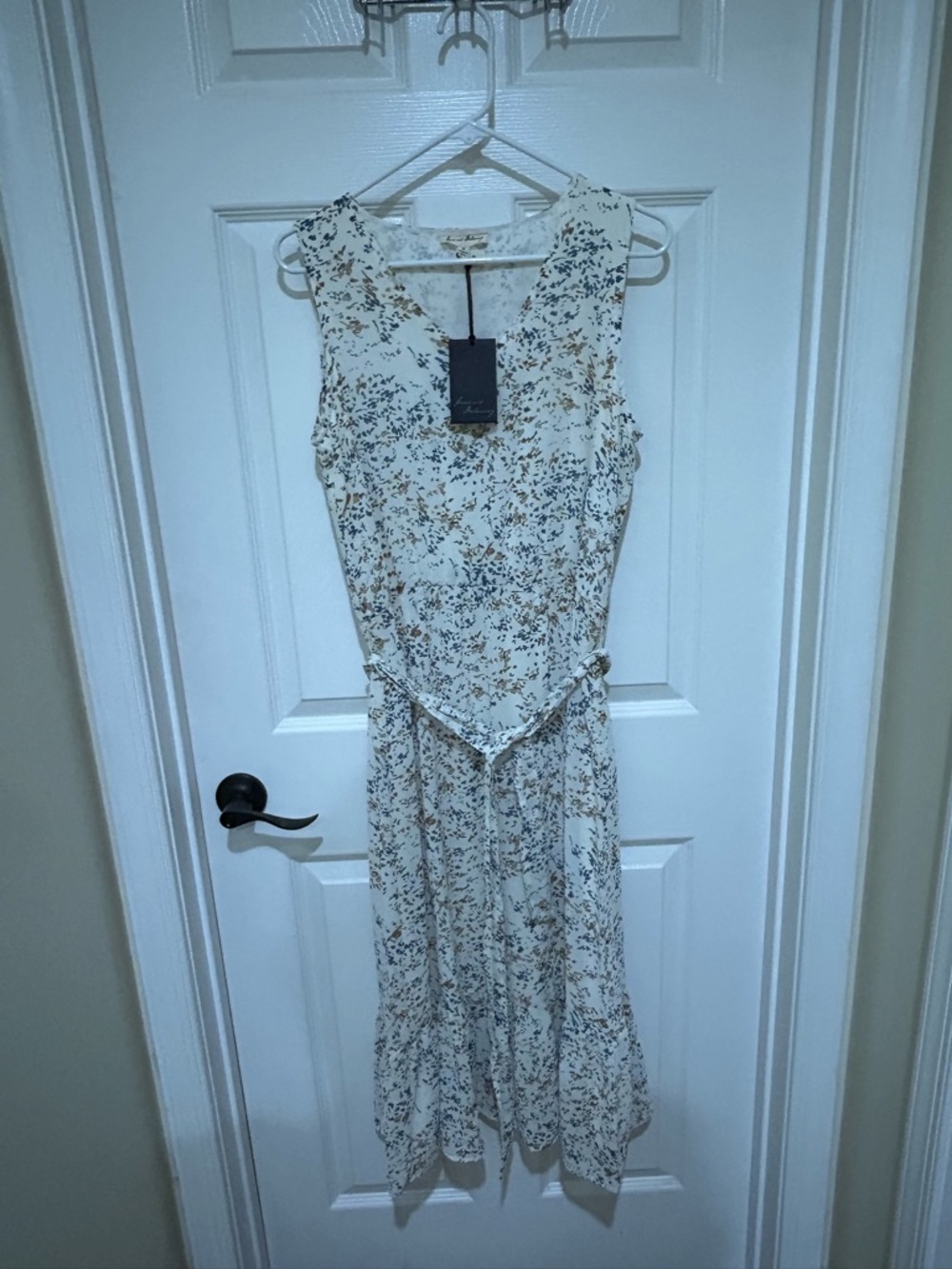 Jane and Delancey Cream Midi Dress with Brown and Blue Floral Print